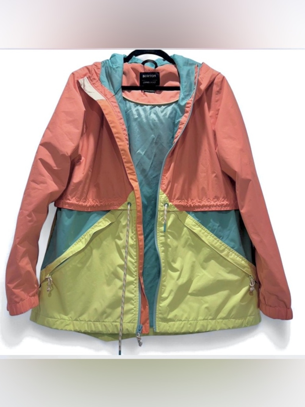 Burton Living Lining Colorblock Rain Jacket in Coral, Teal & Yellow - Picture 8 of 14